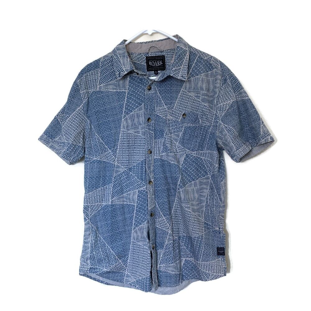Roark Mens Geometric Aztec Blue Button Up Short Sleeve Shirt Size XL